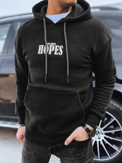 Fekete pulóver kapucnival és nyomtatással a hátán