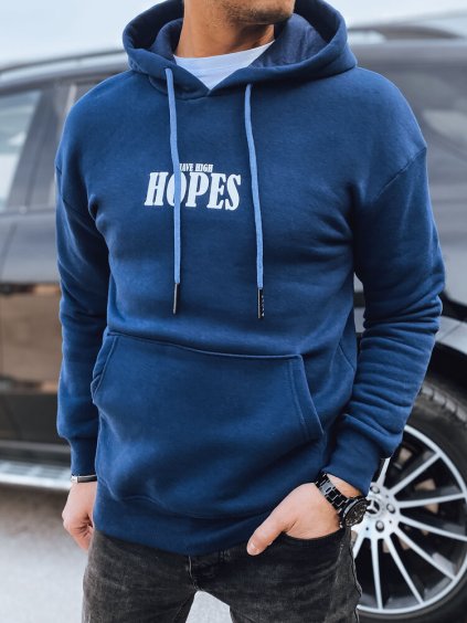 Sötétkék pulóver kapucnival és nyomtatással a hátán