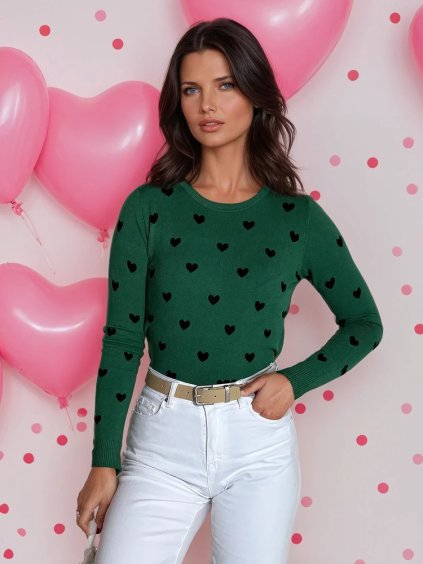 Sötétzöld pulóver szívecskékkel FREYJA