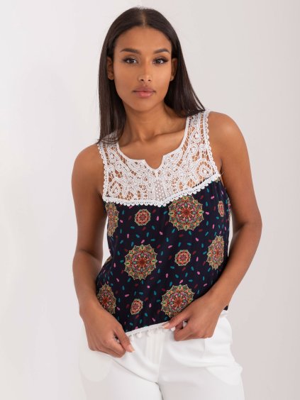 Sötétkék felső mintákkal és csipkével