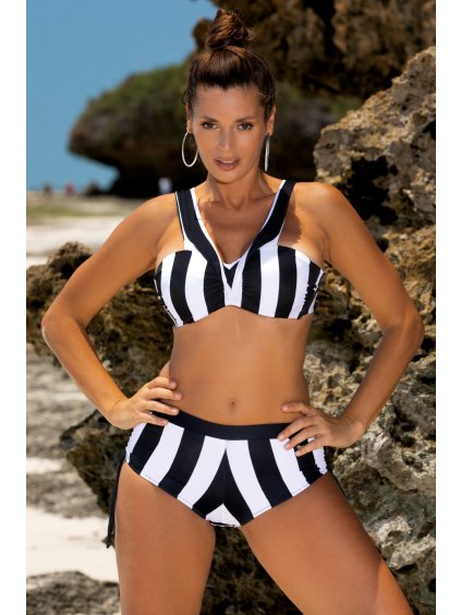 Fekete-fehér csíkos bikini magas derékkal Fifi