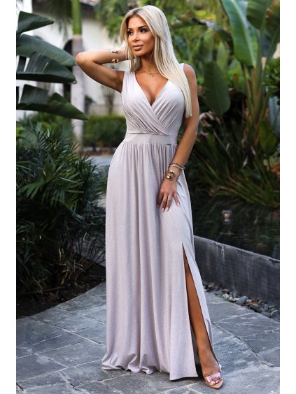 Bézs hosszú ruha csillogó és hasított LOUISE