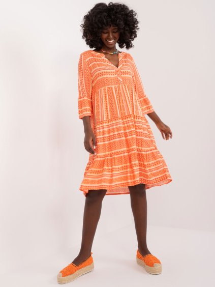 Narancssárga bő mintás miniruha fodrokkal