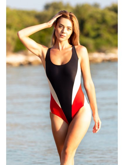 Piros-fekete egyrészes fürdőruha Sport