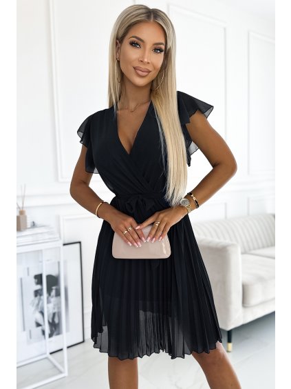 Sifon fekete redős ruha S nyakkivágásszabásem és fodrok CLARISA