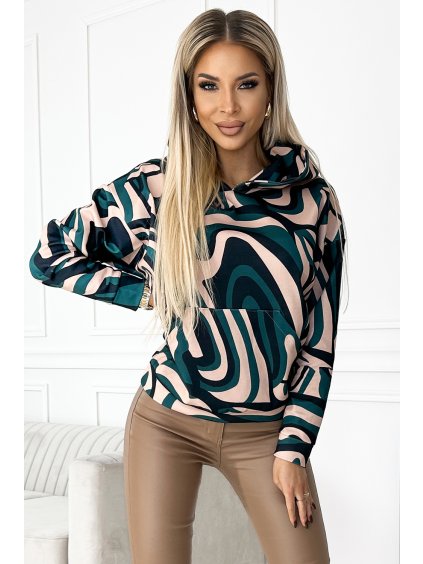 Zöld-bézs mintás pulóver S kapucnival és kenguru zsebbel JETTA