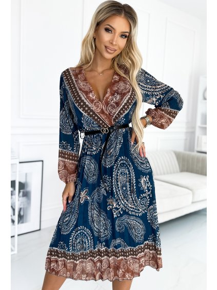 Kék-barna mintás midi ruha övvel