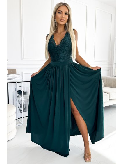 Sötétzöld maxi ruha csipke felsőrésszel LEA