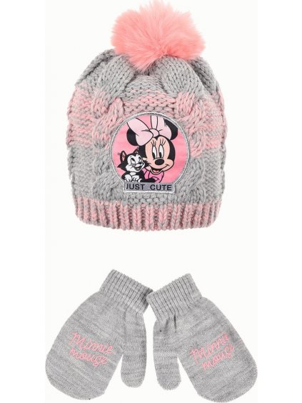 Disney Minnie Mouse szürkés-rózsaszín téli sapka és kesztyű szett