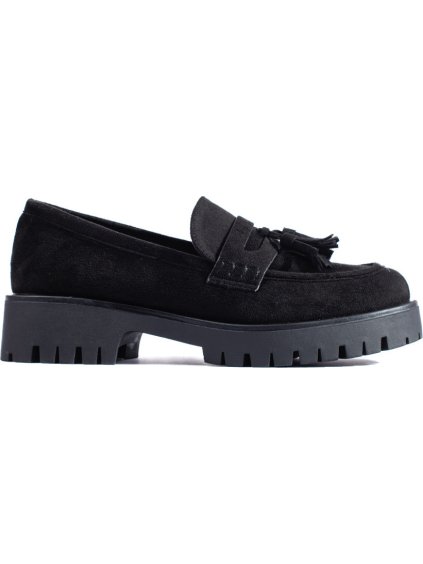 Velúr fekete mokaszin rojtokkal