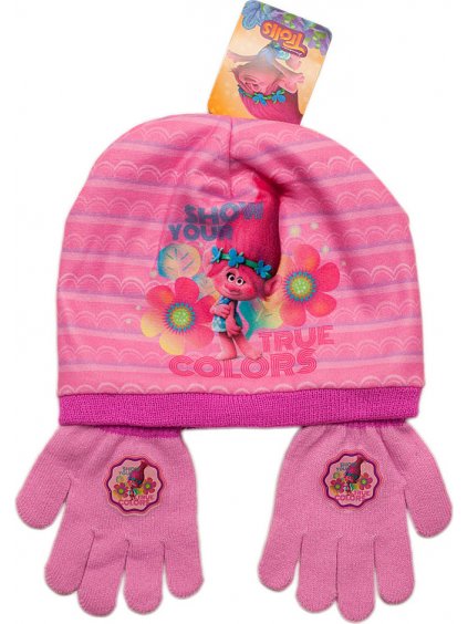 Trolls rózsaszín sapka és kesztyű szett