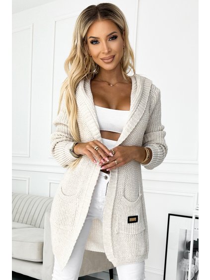 Bézs kardigán kapucnival, zsebekkel és mintával DEBIE