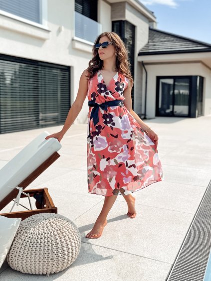 Rózsaszín mintás midi ruha masnival CARIBBEA