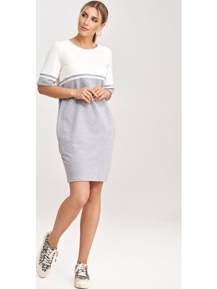 Szürke-krémszínű ruha rövid ujjal