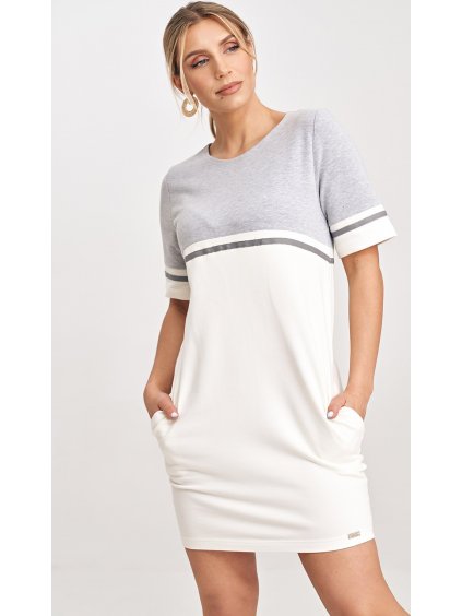 Krémszínű-szürke ruha rövid ujjal