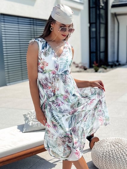 Fehér midi ruha színes virágmintás ROSALIE