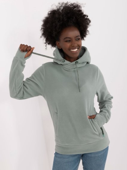 Pisztácia színű női pulóver kapucnival és kenguru zsebbel