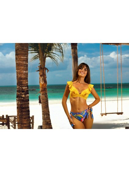 Lorin sárga-kék fürdőruha trópusi mintával és fodrokkal