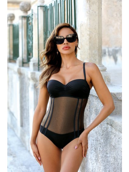 Fekete egyrészes fürdőruha áttetsző csillogó betéttel