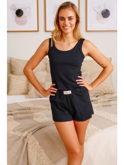 Fekete nyári pizsama bordás pamutból