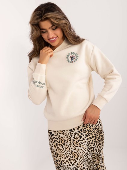 Világos bézs pulóver kapucni nélkül nyomattal hátul