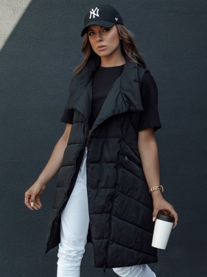 Fekete női hosszú steppelt mellény kapucni nélkül SERKIS