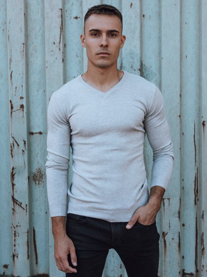 Világosszürke férfi pulóver V-nyakkal