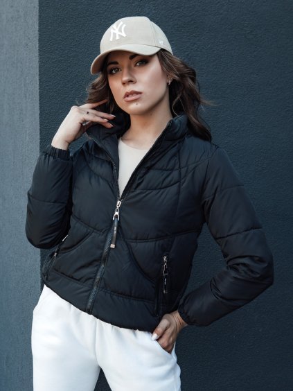 Női fekete steppelt állógalléros kabát SALECA