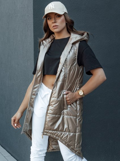 Bézs fényes, hosszú steppelt mellény aszimmetrikus szabással MERIS