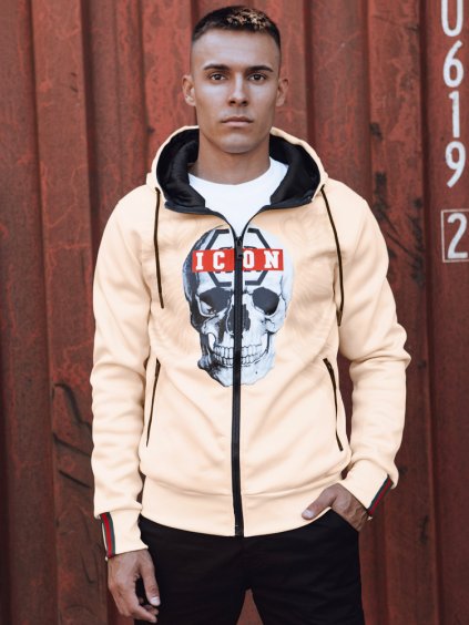 Férfi barack színű pulóver mintával és kapucnival