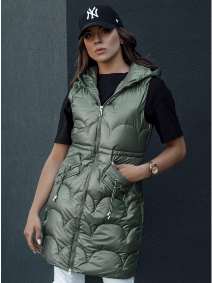 Sötétzöld női hosszú steppelt mellény kapucnival CHARMVEST