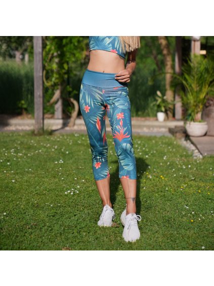 Női kék 3/4-es leggings virágmintával