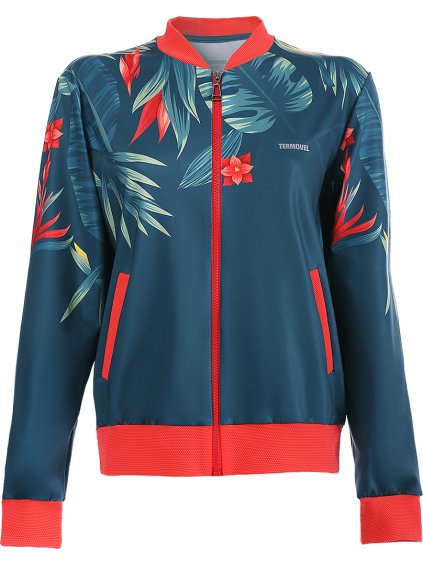 Kék-piros női virágos funkcionális pulóver (Méret M)