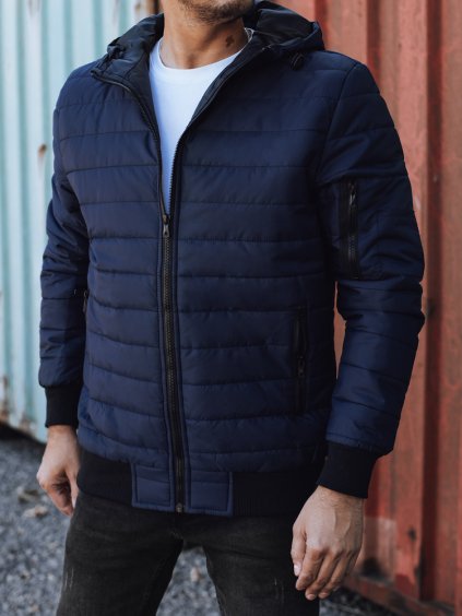 Sötétkék férfi steppelt dzseki kapucnival