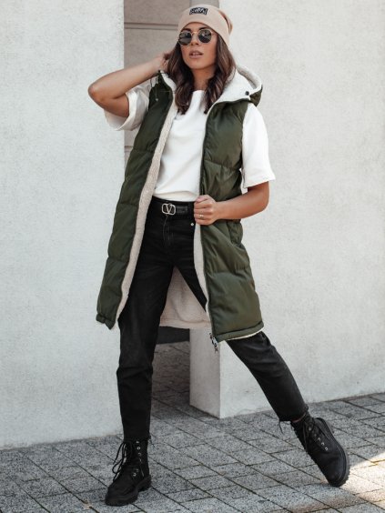 Sötétzöld női hosszú steppelt mellény kapucnival COSYVIVA