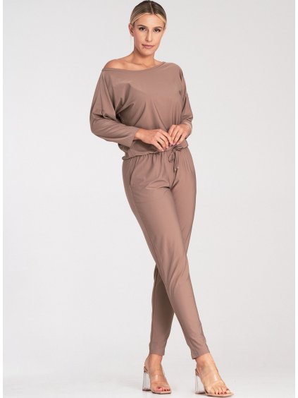 Bézs laza overál hosszú, keskeny nadrággal és 3/4-es ujjal