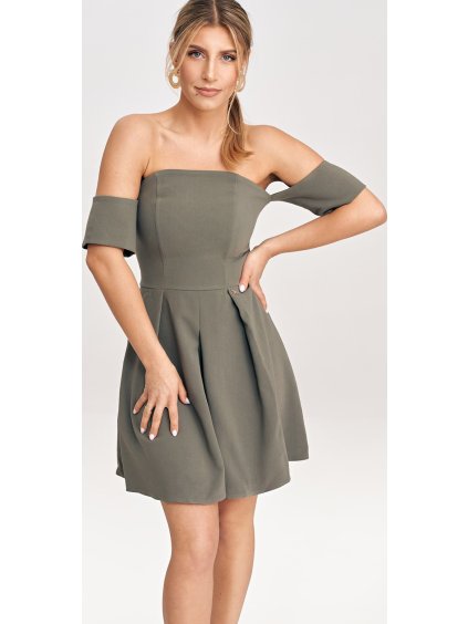 Olíva színű női ejtett vállú ruha