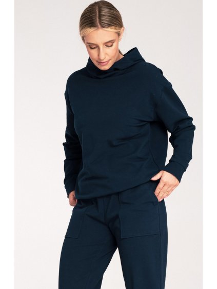 Sötétkék női pamut kapucnis pulóver