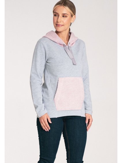 Női szürke pulóver rózsaszín kapucnival és zsebbel