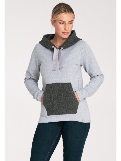 Női szürke pulóver sötétszürke kapucnival és zsebbel
