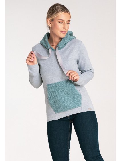 Női szürke pulóver menta színű kapucnival és zsebbel