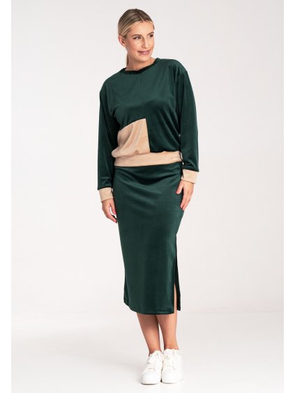 Női sötétzöld velúr pulóver és szoknya szett