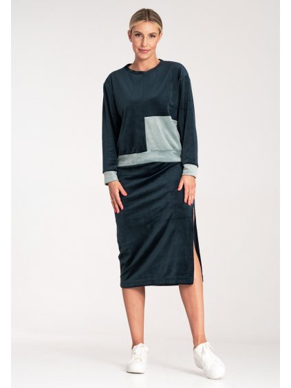Női sötétkék velúr pulóver és szoknya szett
