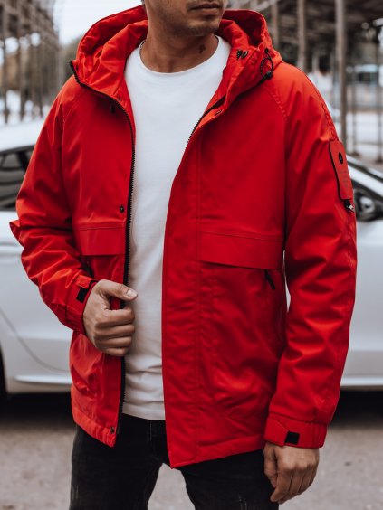 Férfi piros átmeneti kabát kapucnival