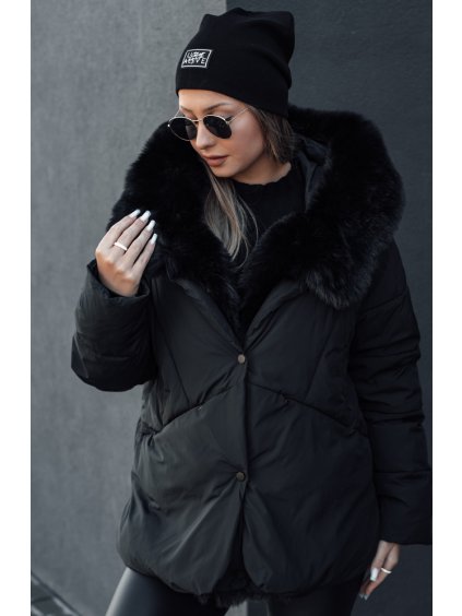Fekete női téli kabát szőrmével LUNAVI