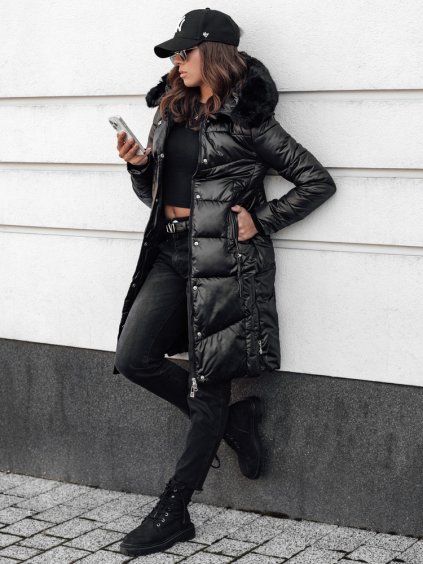 Női fekete hosszú steppelt dzseki kapucnival ULTRAWAY