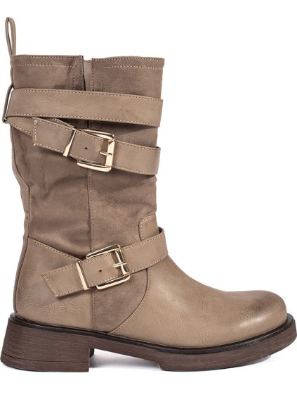 Bézs színű alacsony sarkú csizma csatokkal, sarok 4,5 cm