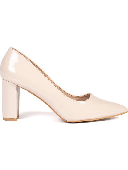 Elegáns, lakkozott krémszínű blokksarkú cipő, sarok 8 cm