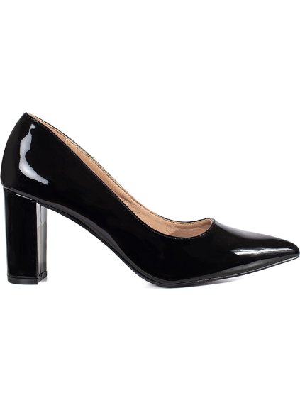 Elegáns lakkozott fekete blokksarkú cipő, sarok 8 cm