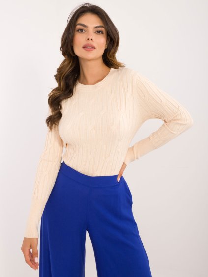 Világos bézs klasszikus pulóver kerek nyakú szabással